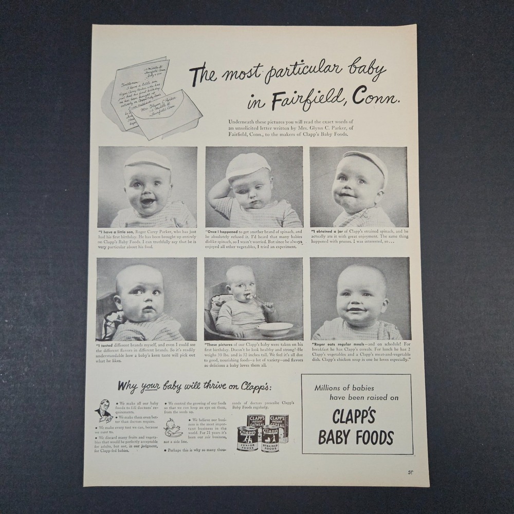 1945 Clapp's Baby Food Vintage Print Ad Cute Child Fairfield CT Panel Storyboard
